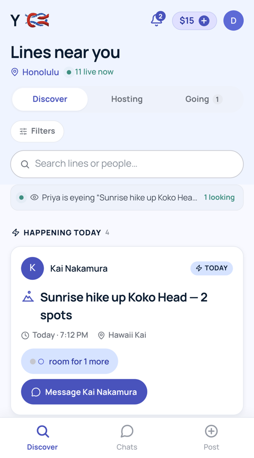 The YKnot feed showing live plans near you in Honolulu, grouped by when they happen.